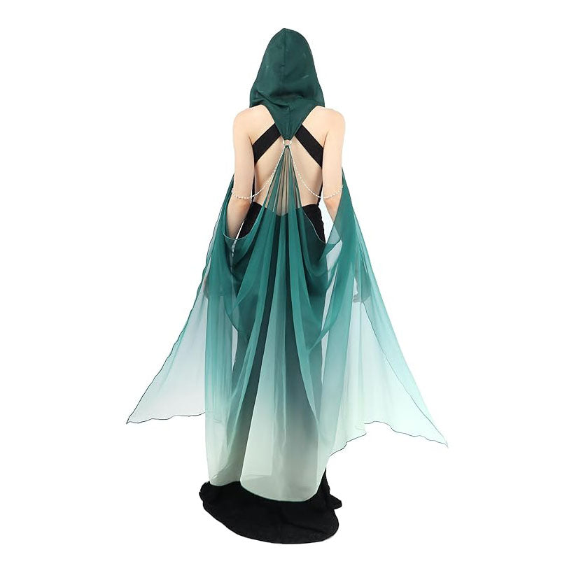 Women Chiffon Sheer Fairy Hooded Cape Elf Cloak Tulle Gothic Bridal Cloak Off Shoudler Capelet