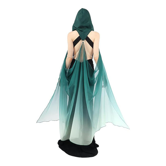 Women Chiffon Sheer Fairy Hooded Cape Elf Cloak Tulle Gothic Bridal Cloak Off Shoudler Capelet