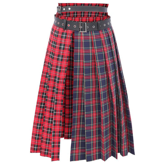 Women Low Waist Pleated Maxi Skirt with Belt Plaid Slit Thigh Midi Skirt