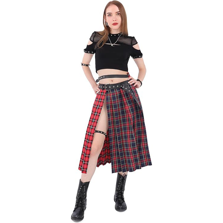 Women Low Waist Pleated Maxi Skirt with Belt Plaid Slit Thigh Midi Skirt