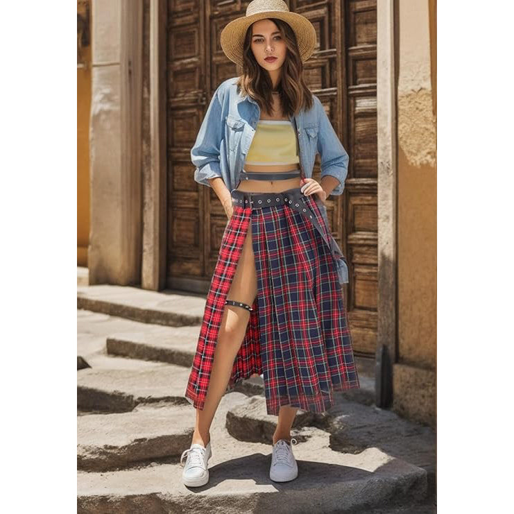 Women Low Waist Pleated Maxi Skirt with Belt Plaid Slit Thigh Midi Skirt