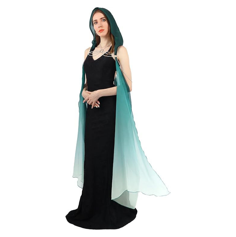 Women Chiffon Sheer Fairy Hooded Cape Elf Cloak Tulle Gothic Bridal Cloak Off Shoudler Capelet