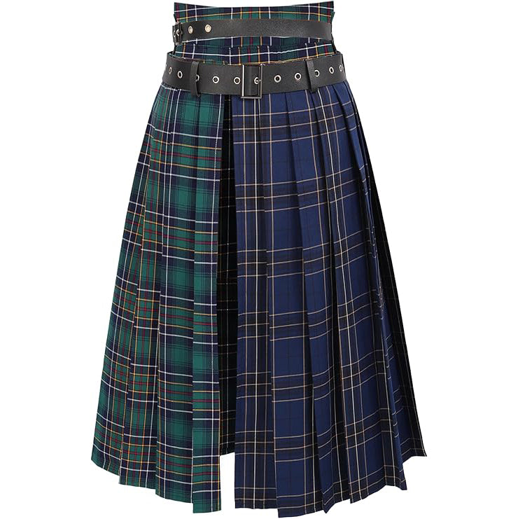 Women Low Waist Pleated Maxi Skirt with Belt Plaid Slit Thigh Midi Skirt