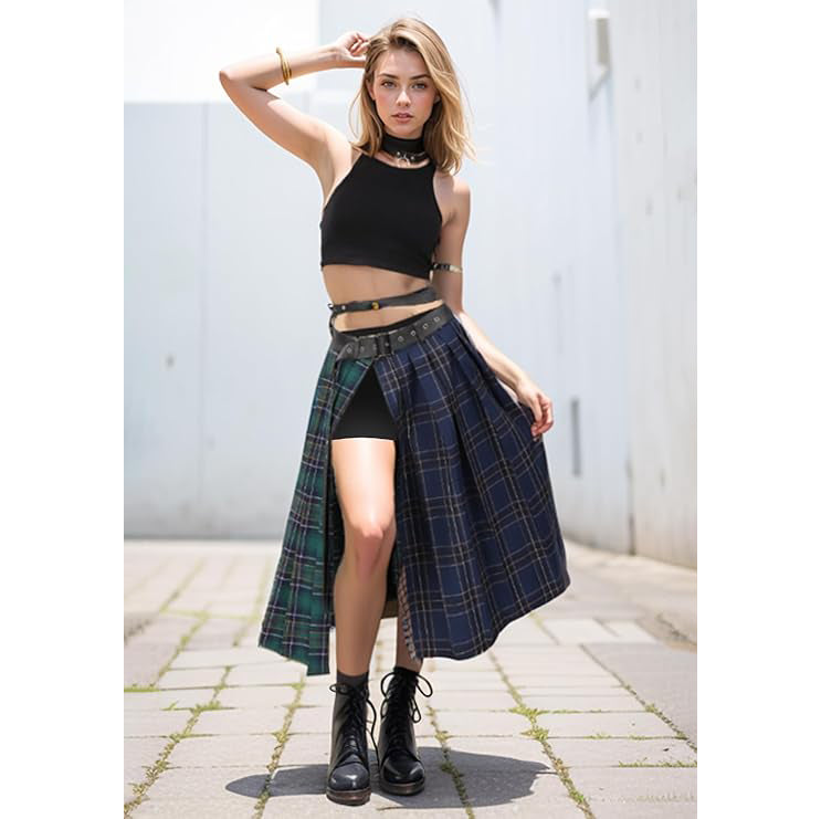 Women Low Waist Pleated Maxi Skirt with Belt Plaid Slit Thigh Midi Skirt