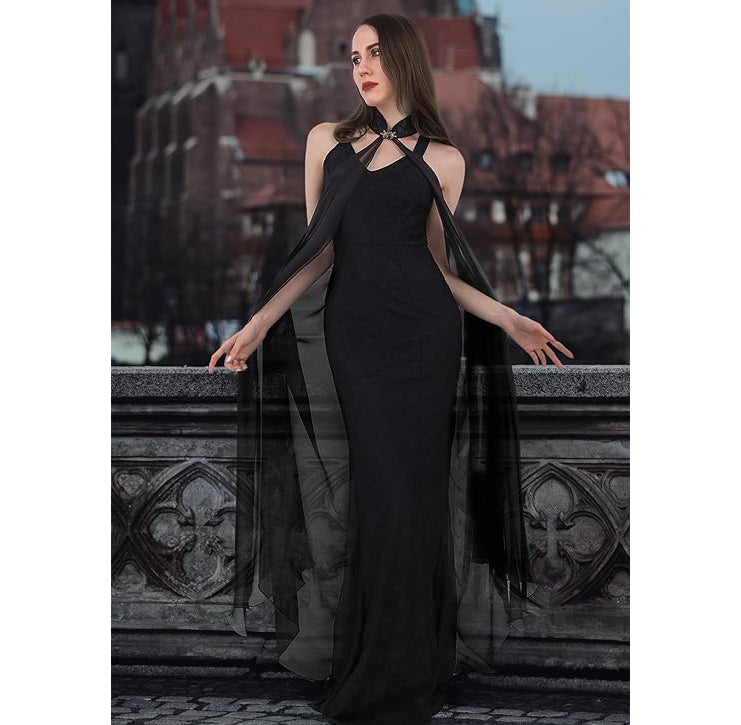 Women Gothic Tulle Cloak Chiffon Shawls Cape Wedding Collared Halter Capelet