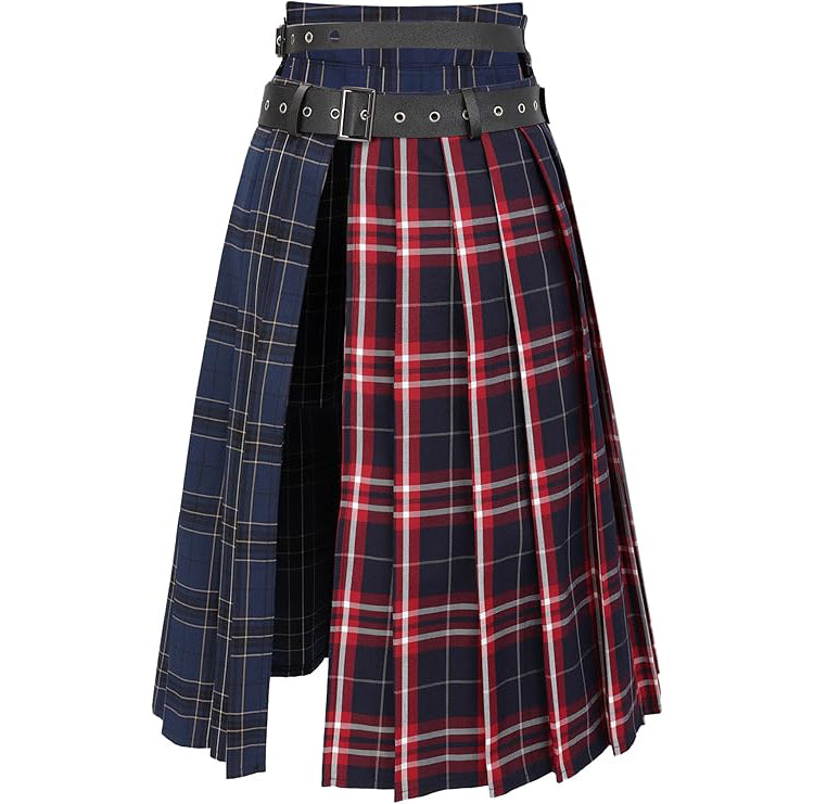 Women Low Waist Pleated Maxi Skirt with Belt Plaid Slit Thigh Midi Skirt