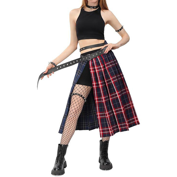 Women Low Waist Pleated Maxi Skirt with Belt Plaid Slit Thigh Midi Skirt