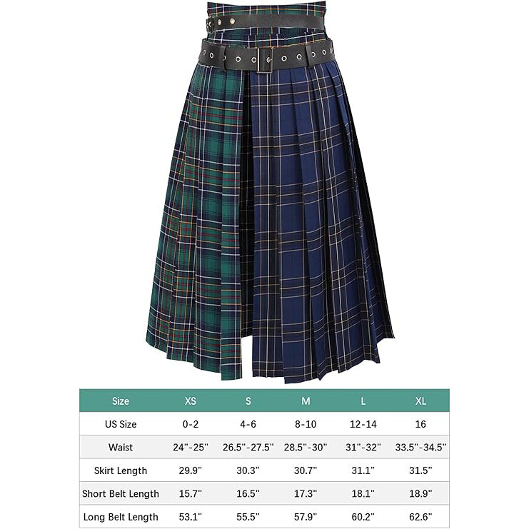 Women Low Waist Pleated Maxi Skirt with Belt Plaid Slit Thigh Midi Skirt