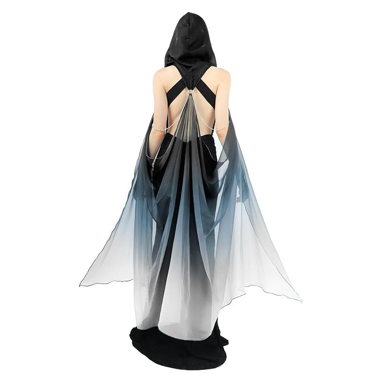 Women Chiffon Sheer Fairy Hooded Cape Elf Cloak Tulle Gothic Bridal Cloak Off Shoudler Capelet